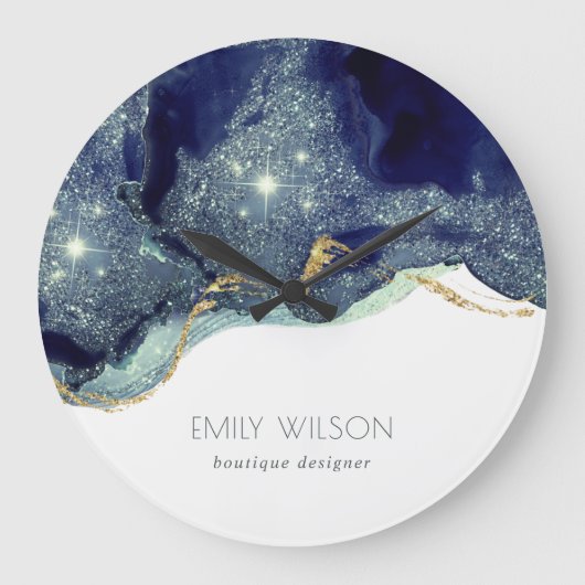 Abstracte alcoholinkt zilver marineblauw glitter grote klok (Voorkant)