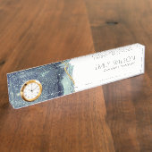 Abstracte alcoholinkt zilver marineblauw glitter naambordje (Zijkant)