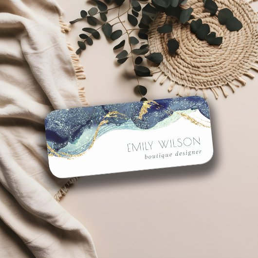 Abstracte alcoholinkt zilver marineblauw glitter naamplaatje