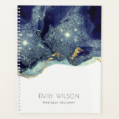 Abstracte alcoholinkt zilver marineblauw glitter planner (Voorkant)