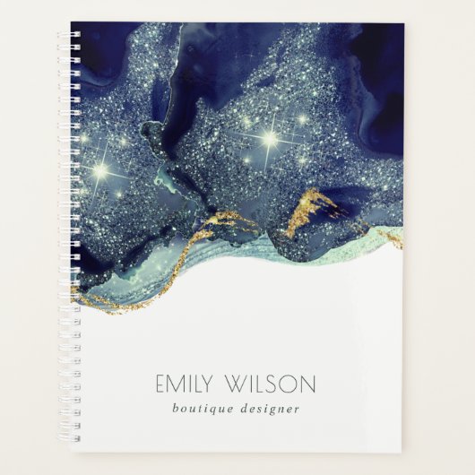 Abstracte alcoholinkt zilver marineblauw glitter planner (Voorkant)