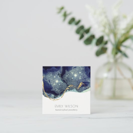 Abstracte alcoholinkt zilver marineblauw glitter vierkante visitekaartje (Staand voorkant)