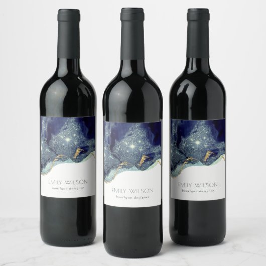 Abstracte alcoholinkt zilver marineblauw glitter wijn etiket (Flessen)