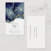 Abstracte alcoholinkt zilvermarine Glitter Monogra Visitekaartje (Voorkant / Achterkant)