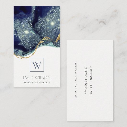 Abstracte alcoholinkt zilvermarine Glitter Monogra Visitekaartje (Voorkant / Achterkant)