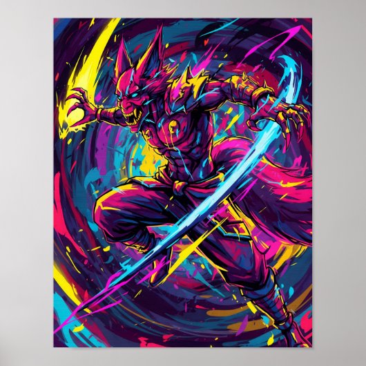 Abstracte Anime: Neon Kitsune Warrior Poster (Voorkant)