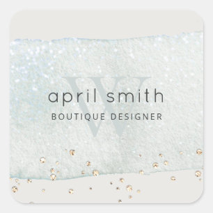 Abstracte Aqua Blue Brush Stoke Monogram Glitter Vierkante Sticker