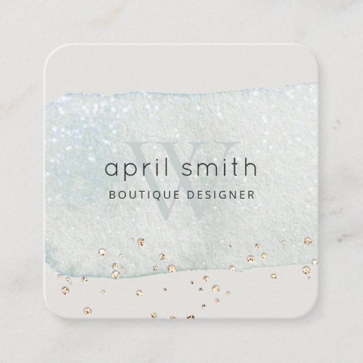 Abstracte Aqua Blue Brush Stoke Monogram Glitter Vierkante Visitekaartje (Voorkant)