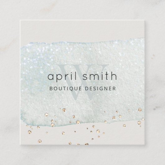 Abstracte Aqua Blue Brush Stoke Monogram Glitter Vierkante Visitekaartje (Voorkant)