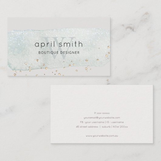 Abstracte Aqua Blue Brush Stoke Monogram Glitter Visitekaartje (Voorkant / Achterkant)