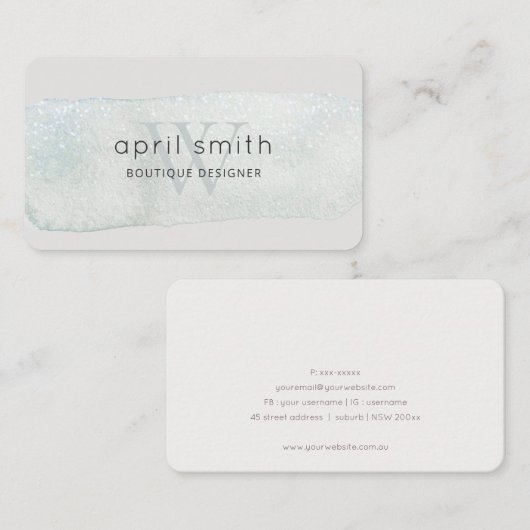 Abstracte Aqua Blue Brush Stoke Monogram Shiny Visitekaartje (Voorkant / Achterkant)