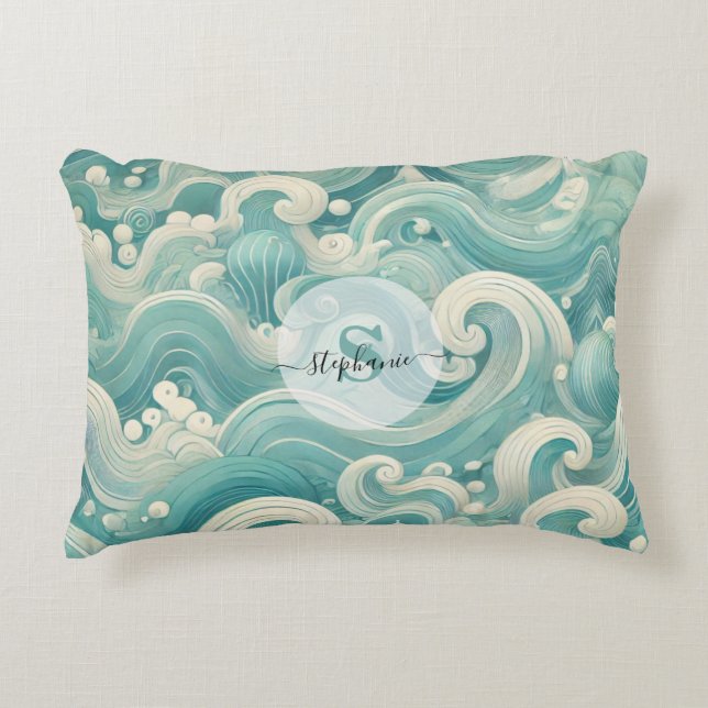 Abstracte Aqua Blue & White Wave – moderne vloeien Accent Kussen (Voorkant)