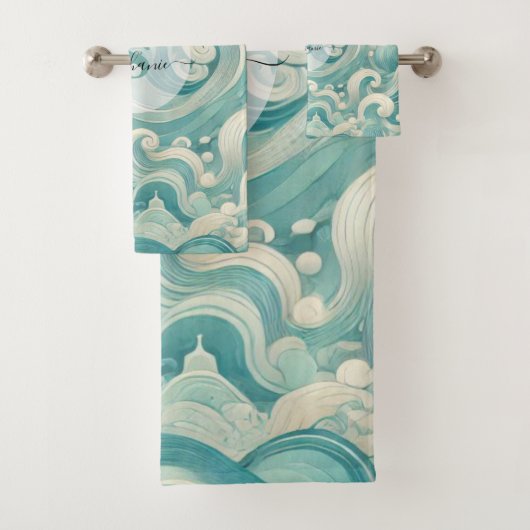 Abstracte Aqua Blue & White Wave – moderne vloeien Bad Handdoek (Insitu)