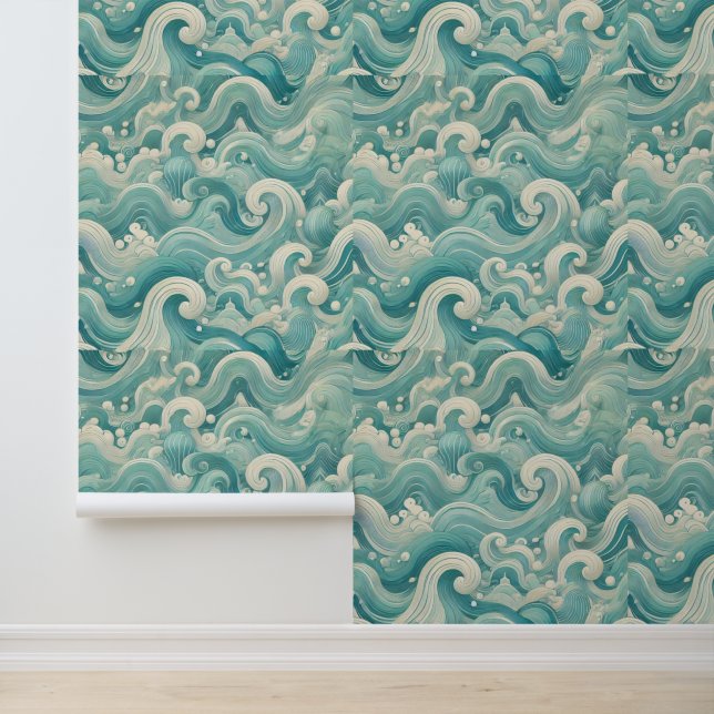 Abstracte Aqua Blue & White Wave – moderne vloeien Behang (Applicatie)
