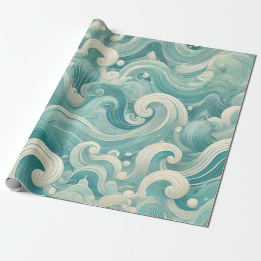 Abstracte Aqua Blue & White Wave – moderne vloeien Cadeaupapier (Uitgerold)