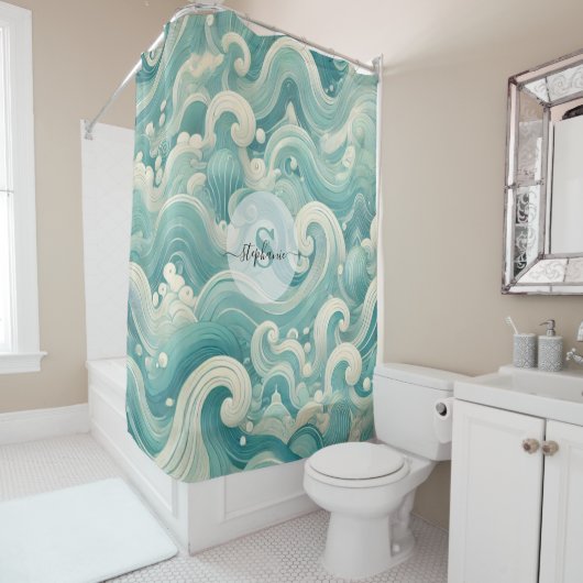 Abstracte Aqua Blue & White Wave – moderne vloeien Douchegordijn (In situ)