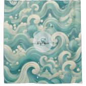 Abstracte Aqua Blue & White Wave – moderne vloeien Douchegordijn (Voorkant)