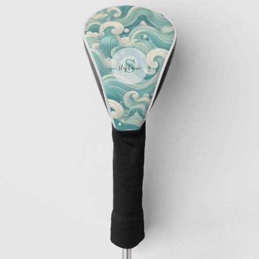 Abstracte Aqua Blue & White Wave – moderne vloeien Golfheadcover (Voorkant)