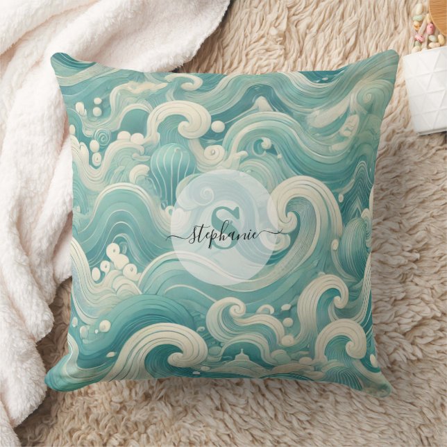 Abstracte Aqua Blue & White Wave – moderne vloeien Kussen (Deken)