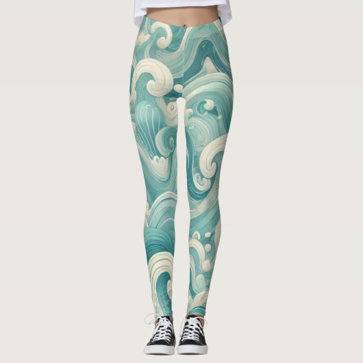 Abstracte Aqua Blue & White Wave – moderne vloeien Leggings (Voorkant)