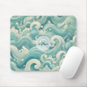 Abstracte Aqua Blue & White Wave – moderne vloeien Muismat (Met muis)