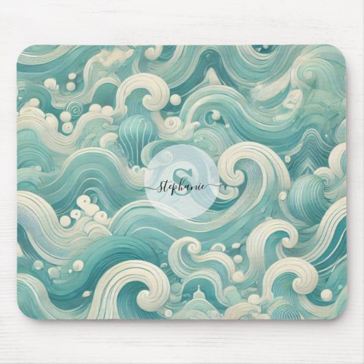 Abstracte Aqua Blue & White Wave – moderne vloeien Muismat (Voorkant)