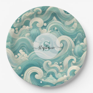 Abstracte Aqua Blue & White Wave – moderne vloeien Papieren Bordje