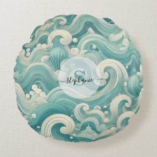 Abstracte Aqua Blue & White Wave – moderne vloeien Rond Kussen