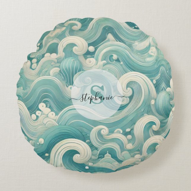 Abstracte Aqua Blue & White Wave – moderne vloeien Rond Kussen (Voorkant)