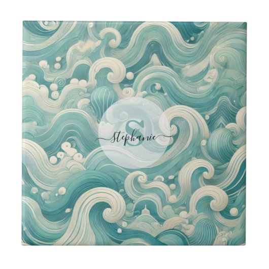 Abstracte Aqua Blue & White Wave – moderne vloeien Tegeltje (Voorkant)