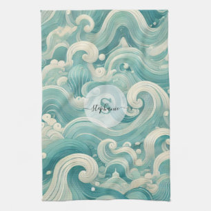 Abstracte Aqua Blue & White Wave – moderne vloeien Theedoek