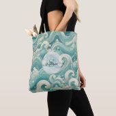 Abstracte Aqua Blue & White Wave – moderne vloeien Tote Bag (Dichtbij)