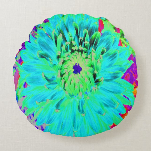 Abstracte Aqua Decoratief Dahlia Flower Rond Kussen (Voorkant)