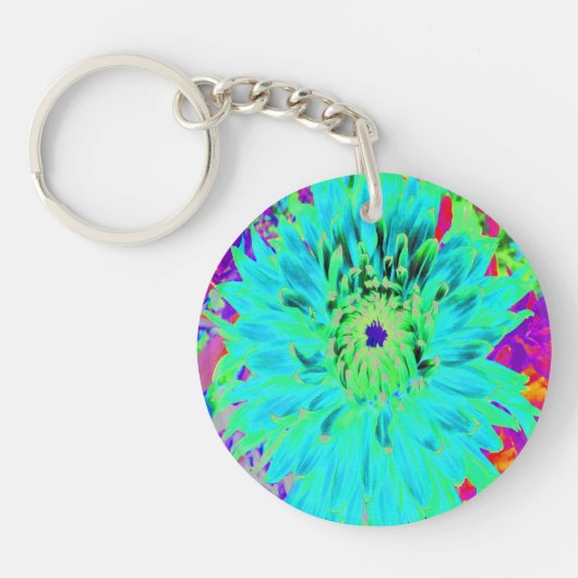 Abstracte Aqua Decoratief Dahlia Flower Sleutelhanger (Voorkant)