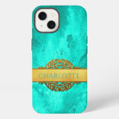 Abstracte Aqua en Gouden Naam iPhone Hoesje (Achterkant)