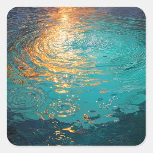 Abstracte Aqua Golven met Gouden Zonlicht Vierkante Sticker