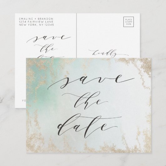 Abstracte Aqua Ombre Fade met Frosted Gold Glitter Aankondigingskaart (Voorkant / Achterkant)