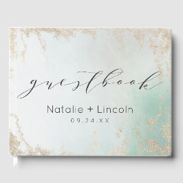 Abstracte Aqua Ombre Fade met Frosted Gold Glitter Gastenboek