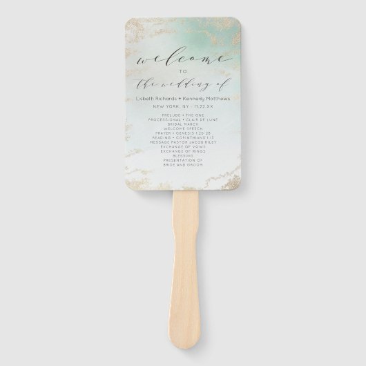 Abstracte Aqua Ombre Fade met Frosted Gold Glitter Handwaaier (Voorkant)