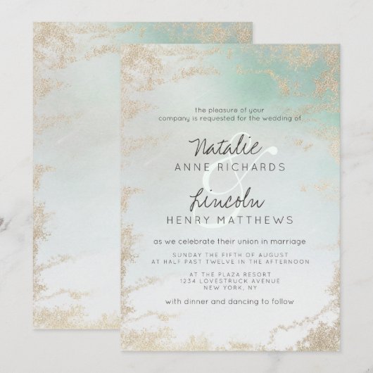 Abstracte Aqua Ombre Fade met Frosted Gold Glitter Kaart (Voorkant / Achterkant)