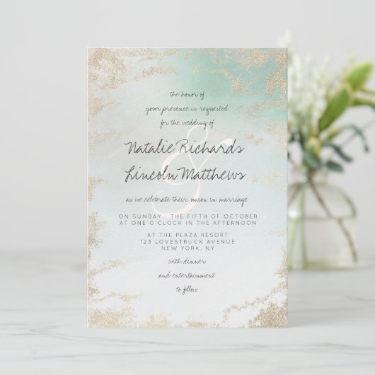 Abstracte Aqua Ombre Fade met Frosted Gold Glitter Kaart (Staand voorkant)