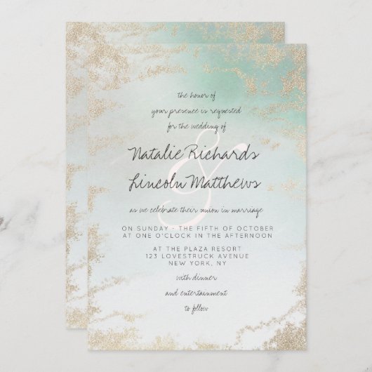 Abstracte Aqua Ombre Fade met Frosted Gold Glitter Kaart (Voorkant / Achterkant)