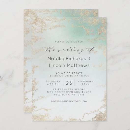 Abstracte Aqua Ombre Fade met Frosted Gold Glitter Kaart (Voorkant / Achterkant)