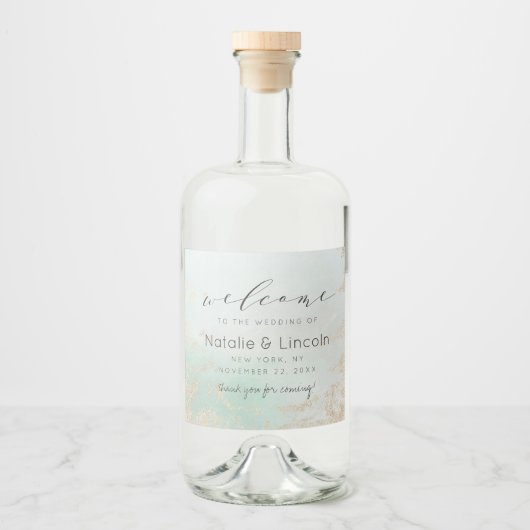 Abstracte Aqua Ombre Fade met Frosted Gold Glitter Likeurfles Etiket (Voorkant)