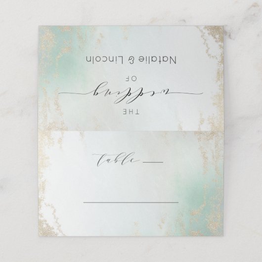 Abstracte Aqua Ombre Fade met Frosted Gold Glitter Plaatskaartje (Buitenkant ongevouwen)