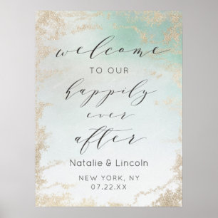 Abstracte Aqua Ombre Fade met Frosted Gold Glitter Poster