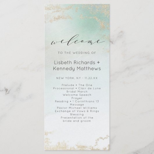 Abstracte Aqua Ombre Fade met Frosted Gold Glitter Programmakaart (Voorkant)
