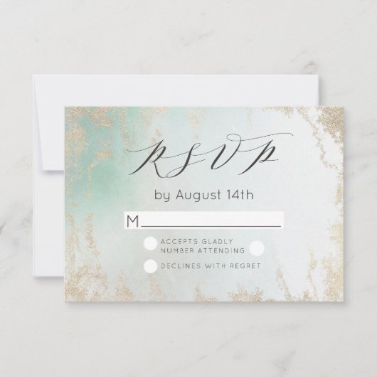 Abstracte Aqua Ombre Fade met Frosted Gold Glitter RSVP Kaartje (Voorkant)