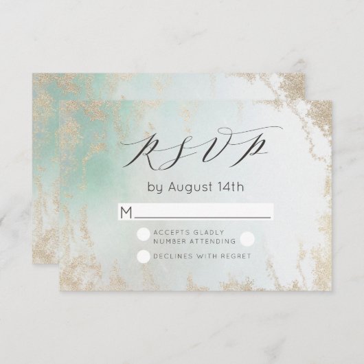 Abstracte Aqua Ombre Fade met Frosted Gold Glitter RSVP Kaartje (Voorkant / Achterkant)