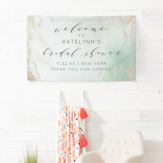 Abstracte Aqua Ombre Fade met Frosted Gold Glitter Spandoek (Insitu)